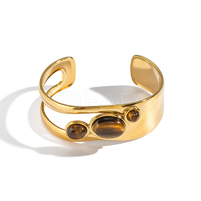 Natural Tiger Eye Oval 304 Stainless Steel Hollow Open Cuff Bangles for Women RV6494-1-1