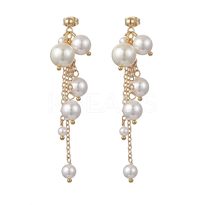 Brass Shell Pearl Round Dangle Stud Earrings EJEW-TA00729-1