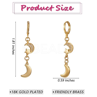 Clear Cubic Zirconia Moon and Star Dangle Leverback Earrings EJEW-SW00011-09-1
