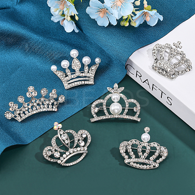 6Pcs 6 Style Crystal Rhinestone Crown Brooch Pins with Plastic Pearl Beaded JEWB-CA0001-29-1