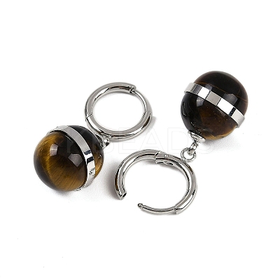 304 Stainless Steel & Natural Tiger Eye Round Hoop Earrings for Women EJEW-K281-22P-1