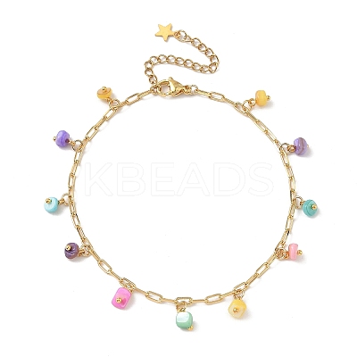 Dyed Natural Freshwater Shell Colorful Rondelle Tassel Brass Paperclip Chain Anklets for Women AJEW-AN00719-1