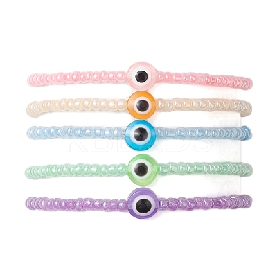 5Pcs 5 Colors Evil Eye Resin & Glass Seed Beaded Stretch Bracelet Sets BJEW-JB10477-1