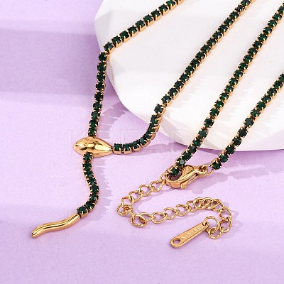304 Stainless Steel Emerald Rhinestone Cup Chain Snake Tennis Necklaces for Women LS-NJEW-A051-02G-1