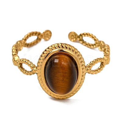 Oval Natural Tiger Eye Finger Rings RJEW-Q822-29G-03-1