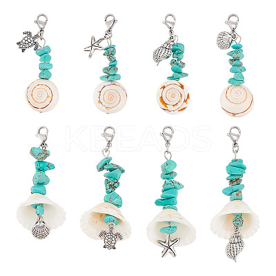 16Pcs 8 Styles Natural Shell & Synthetic Turquoise Chip Pendant Decorations HJEW-GO00036-1
