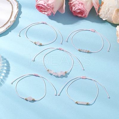 5Pcs 5 Styles Natural Rose Quartz Braided Bead Bracelets BJEW-JB11681-03-1