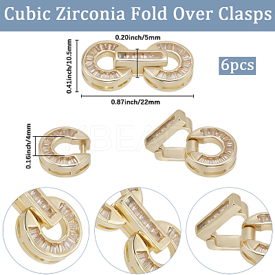 6 Sets Brass Pave Clear Cubic Zirconia Fold Over Clasps KK-BBC0021-36-1
