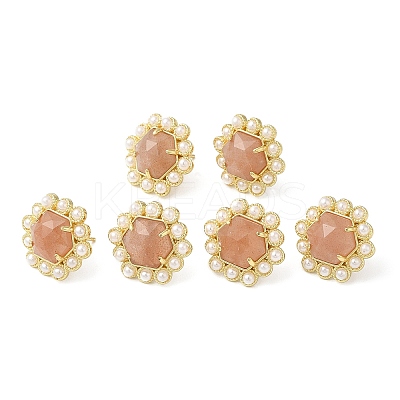Ion Plating(IP) Natural Sunstone Hexagon Stud Earrings with Plastic Pearl Beaded EJEW-E287-01G-03-1