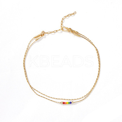 Rainbow Color Glass Beaded Double Layer Bracelets with Brass Chains for Women Elegant Jewelry RN7391-1