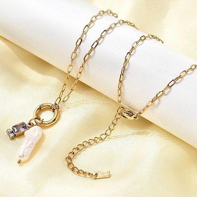 Natural Keshi Pearl Stick & Rectangle Purple Glass Pendant 304 Stainless Steel Paperclip hain Necklaces for Women NJEW-K255-54G-1