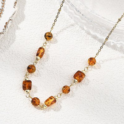Natural Amber Round Cube Beads Link Chain Necklaces NJEW-JN06073-1