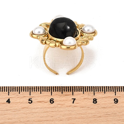 304 Stainless Steel with Natural Gemstone and Plastic Imitation Pearl Adjustable Cuff Rings for Women LS-RJEW-Z096-02G-03-1