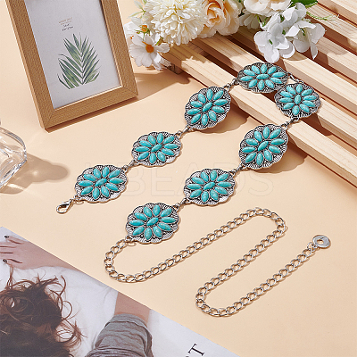 1Pc Alloy & Synthesis Turquoise Flower Link Waist Belly Chains for Women AJEW-UN0002-19-1