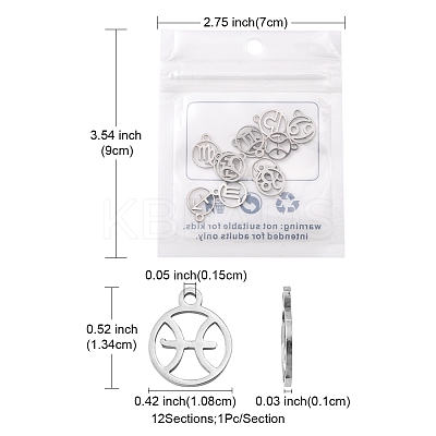 12Pcs 12 Style 201 Stainless Steel Charms STAS-YW0001-33-1