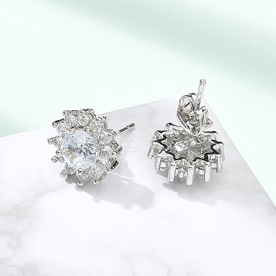 Brass Micro Pave Clear Cubic Zirconia Stud Earrings EJEW-R009-02P-1