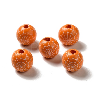Halloween Printed Spider Webs Colored Wood European Beads WOOD-K007-04H-1