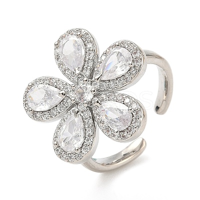 Flower Brass Micro Pave Cubic Zirconia Cuff Rings for Women RJEW-A069-14P-03-1