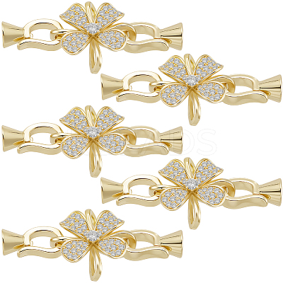 6 Sets Rack Plating Flower Brass Pave Clear Cubic Zirconia Fold Over Clasps KK-BBC0021-28-1
