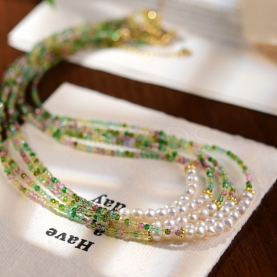 2MM Faceted Round Natural Green Tourmaline & Glass Pearl Beaded Necklaces for Women YX9478-1