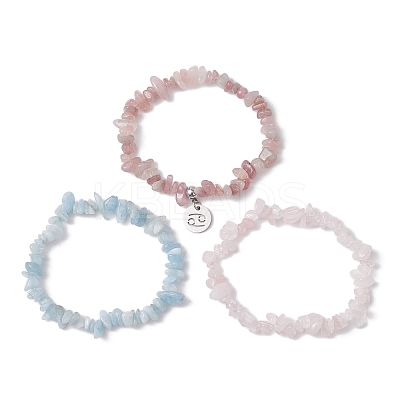 3Pcs 3 Styles Natural Aquamarine & Rose Quartz Chips Stretch Bracelets Sets BJEW-JB11076-06-1