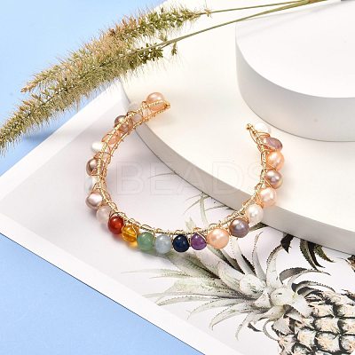 Natural Pearl Bead & Mixed Gemstone Beads Cuff Bangles for Women Girl Gift BJEW-JB06826-02-1