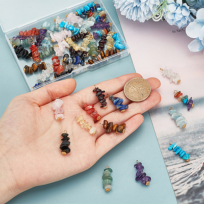 52Pcs 13 Styles Natural Mixed Gemstone Chip Pendants PALLOY-HY00016-1