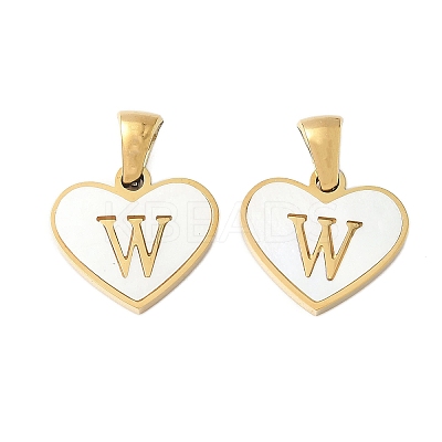 304 Stainless Steel Pave Natural White Shell Heart with Initial Slice Pendants STAS-R168-25G-W-1