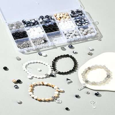 DIY Alloy & Round Natural White Jade & Obsidian & Crackle Agate & Synthetic Howlite Beads Couple Bracelets Jewelry Making Kits DIY-FS0007-49-1