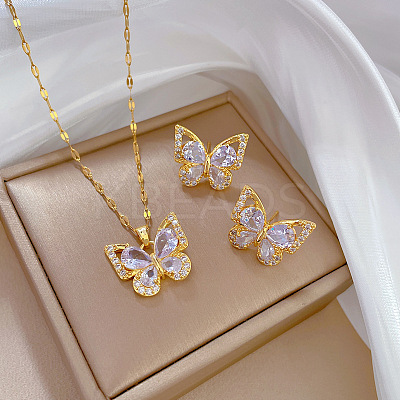 Brass Micro Pave Cubic Zirconia Pendant Necklace & Stud Earrings WG7AC39-57-1