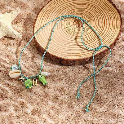 Summer Beach Porcelain Fish & Natural Cowrie Shell Pendant Cotton Cord Adjustable Necklaces FS-WG63638-04-1