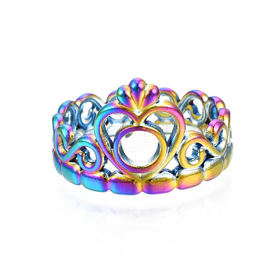 Ion Plating(IP) Rainbow Color 304 Stainless Steel Heart Crown Open Cuff Ring for Women RJEW-S405-259M-1