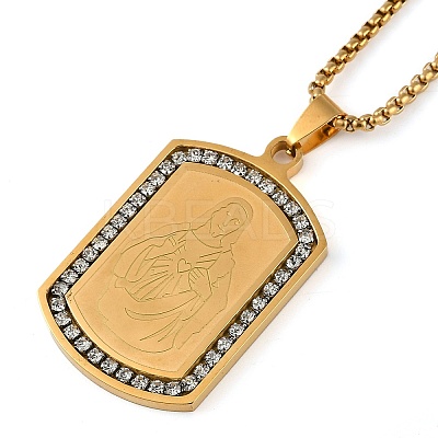201 Stainless Steel Micro Pave Clear Cubic Zirconia Virgin Mary Rectangle Pendant Necklaces NJEW-D089-07G-1