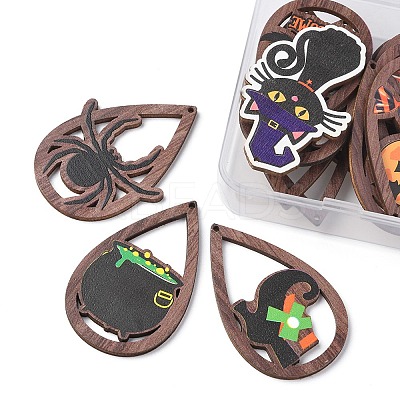15Pcs 15 Styles Halloween Theme Single Face Printed Aspen Wood Big Pendants WOOD-YW0001-09-1