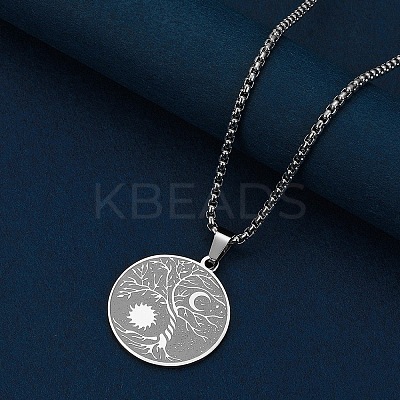Stainless Steel Viking Moon Sun Tree of Life Flat Round Pendant Box Chain Necklaces PW-WG93B99-01-1