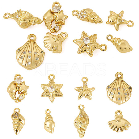 8Pcs 8 Styles Ocean Theme Brass Micro Pave Cubic Zirconia Pendants KK-TA0003-32-1