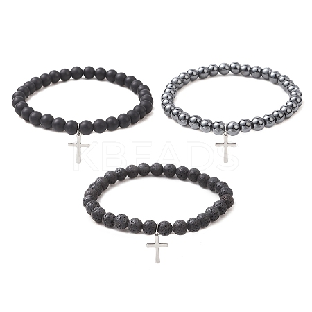 3Pcs Natural & Synthetic Mixed Gemstone Beads Stretch Bracelets BJEW-JB13252-1