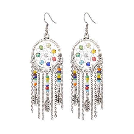 Alloy Woven Net/Web with Feather Chandelier Earrings with Glass Beaded EJEW-TA00159-1