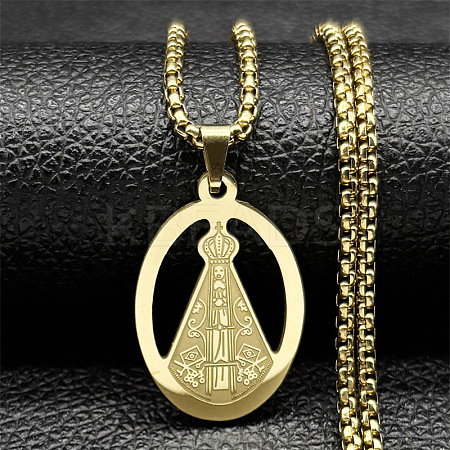 201 Stainless Steel Nossa Senhora Aparecida Virgin Mary Pendant Necklaces for Women NJEW-K283-01G-1