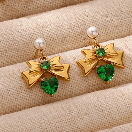 304 Stainless Steel Micro Pave Cubic Zirconia Bowknot Dangle Stud Earrings EJEW-U065-03G-02-1