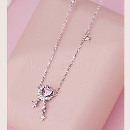 Fine Silver Pave Clear and Pearl Pink Cubic Zirconia Moon with Heart Pendant Necklaces for Women FS-WG5AD9A-01-1