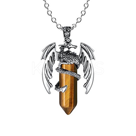 Natural Tiger Eye Bullet with Dragon Pendant Necklace with Zinc Alloy Chains PW-WG99720-01-1