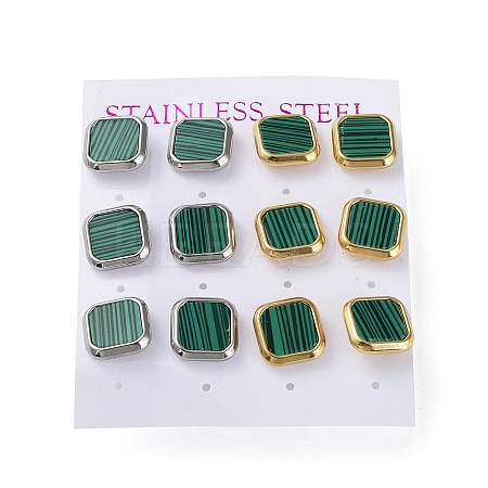 6 Pair 2 Color Square Synthetic Malachite Stud Earrings EJEW-A024-02-1