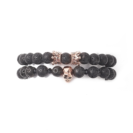 2Pcs 2 Style Natural Lava Rock & Brass Beaded Stretch Bracelets Set BJEW-JB09244-02-1