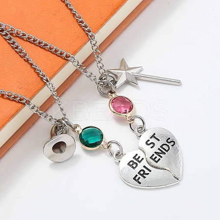 2Pcs Alloy Emerald and Rose Rhinestone Witch Best Friends Heart Pendant Couple Necklaces for Women FS-WG895A1-02-1