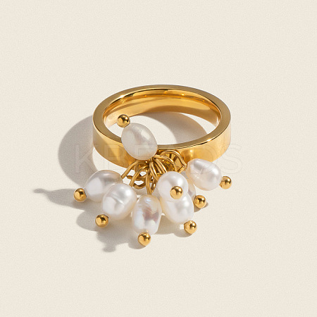 304 Stainless Steel with Natural Freshwater Pearl Finger Rings for Women AG0795-1