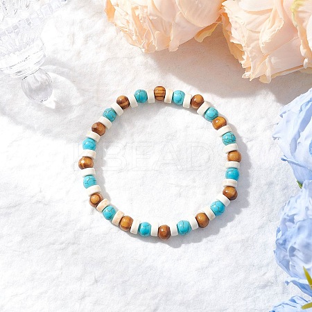 Synthetic Turquoise & Round Wood Beads Stretch Bracelets for Men Women BJEW-JM11833-01-1