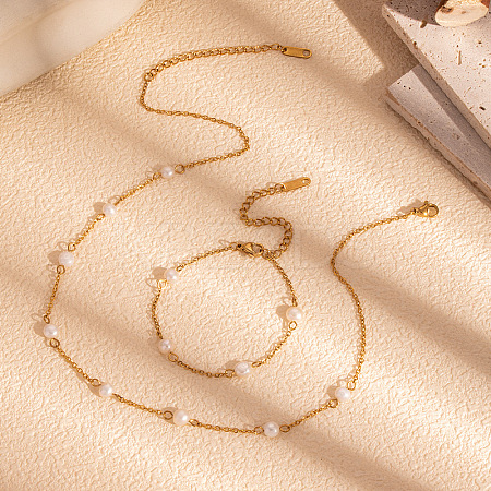 Simple and Elegant 304 Stainless Steel & Natural Freshwater Pearl Link Chain Bracelets & Necklaces Set for Women FO7311-1-1