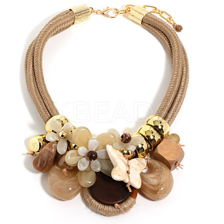 Flower Butterfly Ring Acrylic & Wood Pendant 2-Strand Cotton Cord Bib Necklaces for Women FS-WG99BBE-04-1