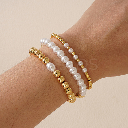 3Pcs 3 Styles Brass & Plastic Imitation Pearl Round Beads Stretch Bracelets for Women TJ3268-1-1